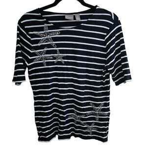 Chico's Black Striped Starfish Beaded Nautical Short Sleeve Top Womans Size 0/SM